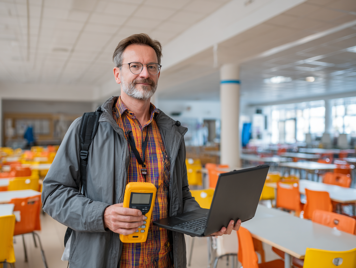 Acoustic engineer measuring reverberation in an empty school cafeteria